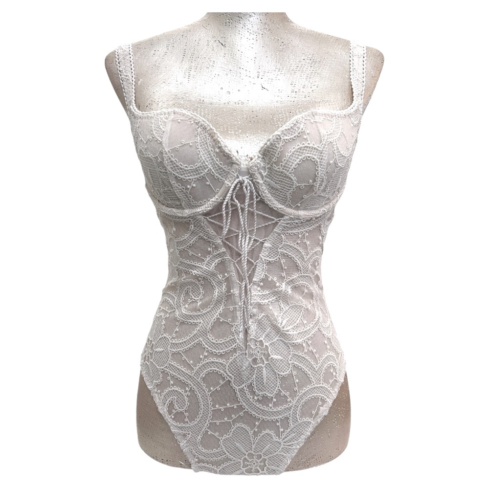 Victoria's Secret Floral Embroidered‎ Lace Corset Bra Bodysuit Teddy 34B